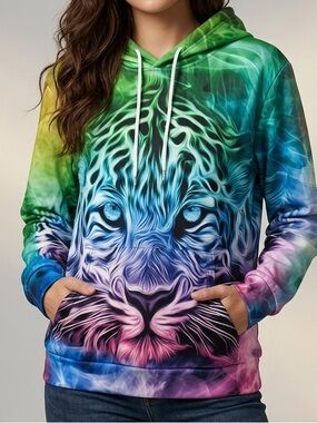 Vibrant Multicolor Tiger Hoodie – Blue, Green, & Purple Smoke Design